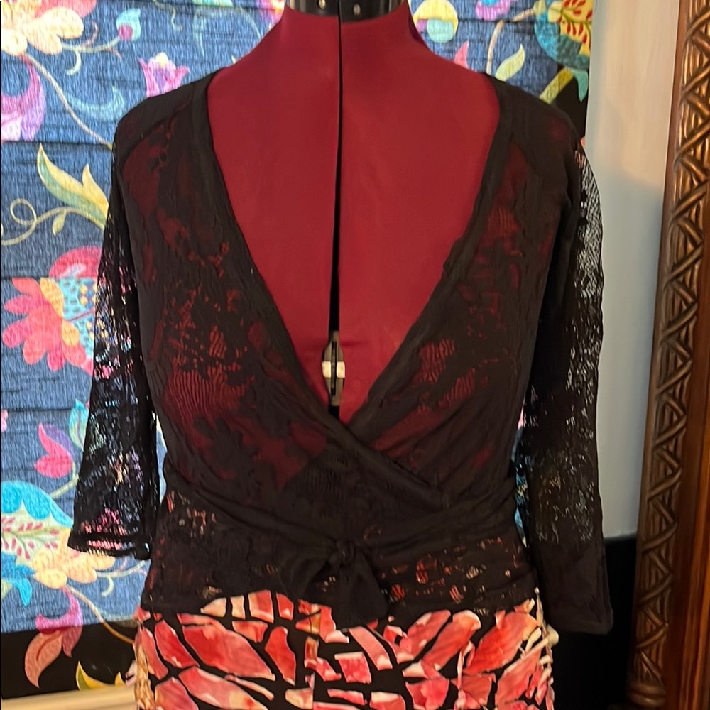 Three Dots Sheer Black Lace Blouse